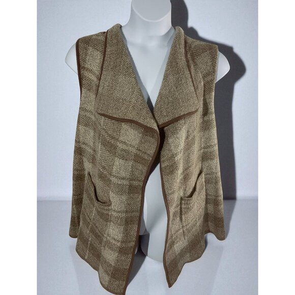Yaira Ladies Brown Plaid Fall Waterfall Open Cardigan Sweater Vest Pockets Large - Picture 3 of 9